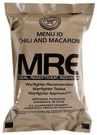 MRE -Meals Ready to Eat with Heater (sample picture- chili Maccaroni is not an option)